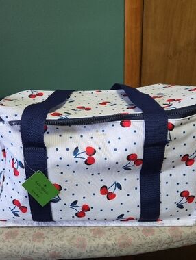 Kate Spade White Cherry Print Cooler with Navy Handles